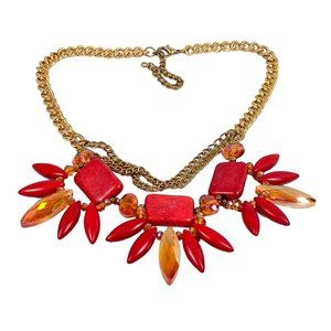 Red Bib Necklace Choker Stone Crystal Gold Plated Statement Floral Artisan 17"